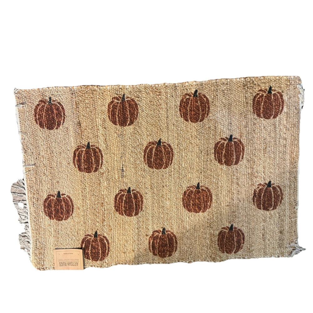 NWT ARTISAN AREA RUG TAN AND TERRACOTTA HARVEST PUMPKIN Braided Jute 27"x42”